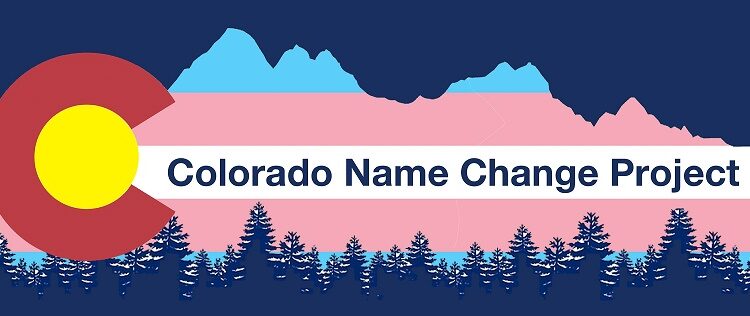 The Colorado Name Change Project's logo- the red Colorado C filled in with yellow, is positioned left of a mountain range and pine forest superimposed with the transgender flag (light blue, light pink, and white stripes). The text reads Colorado Name Change Project.